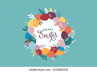 Happy Easter banner, poster, greeting card. Trendy Easter design with typography, bunnies, flowers, eggs, bunny ears, in pastel colors. Modern minimal style