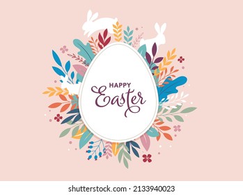 Happy Easter banner  poster  greeting card  Trendy Easter design and typography  bunnies  flowers  eggs  bunny ears  in pastel colors  Modern minimal style