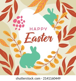 Cartel feliz de Pascua, afiche, tarjeta de saludo. Moderno estilo minimalista. Diseño de moda de Pascua con tipografía, conejillos, flores, huevos, orejas de conejo, en colores pastel. 