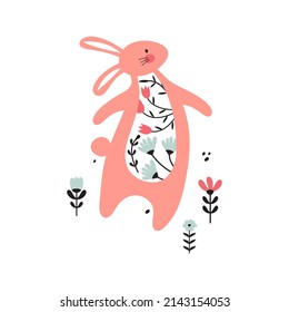 Happy Easter banner, poster, greeting card. Cute pink rabbit in flower meadow. Cartoon character funny hare. Bunny in pastel colors. Hand drawn illustration in modern minimal scandinavian style
