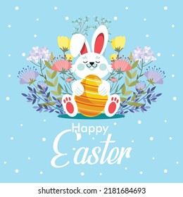 Frohe Osterbanner, Poster, Grußkarte. Trendy-Osterdesign mit Typografie, Bollen, Blumen, sonnigen Ohren, in Pastellfarben. Moderner minimalistischer Stil.