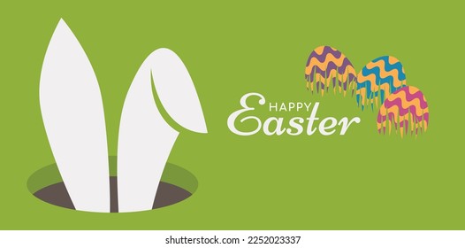 Happy Easter. Banner, poster, greeting card with typography, bunny ears, and eggs. Vector illustration.