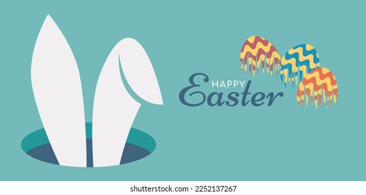 Feliz Pascua. Cartel, afiche, tarjeta de saludo con tipografía, orejas de conejito y huevos. Ilustración vectorial.