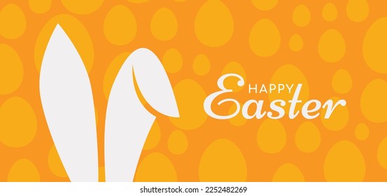 Happy Easter. Banner, poster, greeting card with typography, bunny ears, and eggs. Vector illustration.