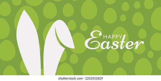 Happy Easter. Banner, poster, greeting card with typography, bunny ears, and eggs. Vector illustration.