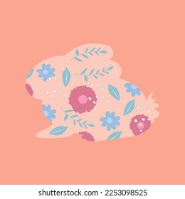Happy Easter banner, poster, greeting card. Trendy Easter design with typography, bunny silhouette and flowers in pastel colors. Modern minimalist style