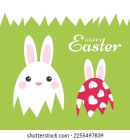 Cartel feliz de Pascua, afiche, tarjeta de saludo. Diseño de Semana Santa con tipografía, conejillos, huevos y orejas de conejo.