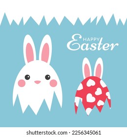 Happy Easter banner, poster, greeting card. Easter design with typography, bunnies, eggs, and bunny ears.