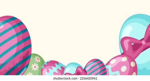Happy Easter banner, poster, greeting card. Trendy Easter design with typography, bunnies, flowers, eggs.