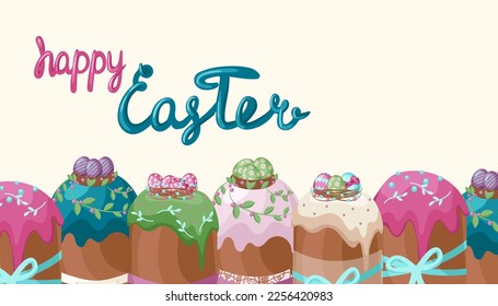 Happy Easter banner, poster, greeting card. Trendy Easter design with typography, bunnies, flowers, eggs.