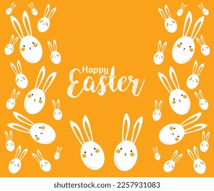 Happy Easter banner, poster, greeting card. Trendy Easter design with typography, bunnies, flowers, eggs, bunny ears, in pastel colors. Modern minimal style