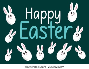 Happy Easter banner, poster, greeting card. Trendy Easter design with typography, bunnies, flowers, eggs, bunny ears, in pastel colors. Modern minimal style