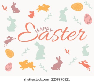 Happy Easter banner, poster, greeting card. Trendy Easter design with typography, bunnies, flowers, eggs, bunny ears, in pastel colors. Modern minimal style