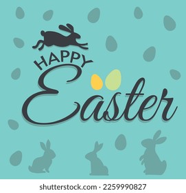 Happy Easter banner, poster, greeting card. Trendy Easter design with typography, bunnies, flowers, eggs, bunny ears, in pastel colors. Modern minimal style