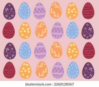 Happy Easter banner, poster, greeting card. Trendy Easter design with typography, bunnies, flowers, eggs, bunny ears, in pastel colors. Modern minimal style