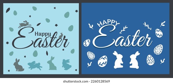Happy Easter banner, poster, greeting card. Trendy Easter design with typography, bunnies, flowers, eggs, bunny ears, in pastel colors. Modern minimal style