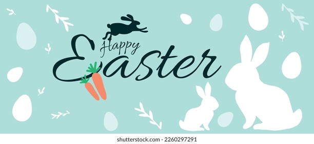 Happy Easter banner, poster, greeting card. Trendy Easter design with typography, bunnies, flowers, eggs, bunny ears, in pastel colors. Modern minimal style