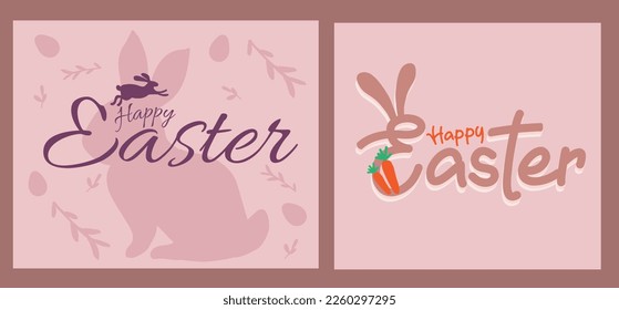 Happy Easter banner, poster, greeting card. Trendy Easter design with typography, bunnies, flowers, eggs, bunny ears, in pastel colors. Modern minimal style