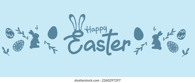 Happy Easter banner, poster, greeting card. Trendy Easter design with typography, bunnies, flowers, eggs, bunny ears, in pastel colors. Modern minimal style