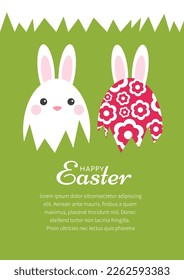 Happy Easter banner, poster, greeting card. Easter design with typography, bunnies, eggs, and bunny ears.