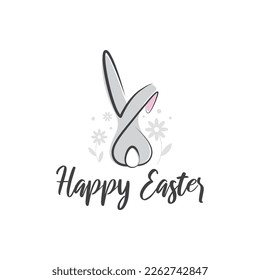 Happy Easter banner, poster, greeting card. Fashionable Easter design with lettering, bunny and flowers, isolated on white. Modern minimal style in pastel colors