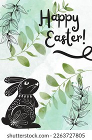 Happy Easter banner, poster, greeting card. Trendy Easter design with typography, leaves, bunny, watercolor background. Modern minimal style. 