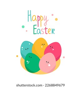 Happy Easter banner, poster, greeting card. Trendy Easter design with typography, eggs, in pastel colors. Modern minimal style