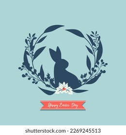 Happy Easter banner, poster, greeting card. Classic easter design with typography, bunny, and flowers in silhouette