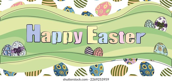 Happy Easter banner, poster, greeting card. Trendy Easter design with typography, bunnies, flowers, eggs.