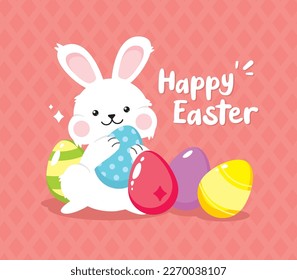 Happy Easter banner, poster, greeting card, holiday covers. Easter design with eggs, bunny, in pastel colors. Congratulations and gifts for Easter in a flat style. Easter Day. Vector design.