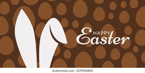 Happy Easter. Banner, poster, greeting card with typography, bunny ears, and eggs. Vector illustration.