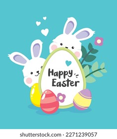 Happy Easter banner, poster, greeting card, holiday covers. Easter design with eggs, bunny, in pastel colors. Congratulations and gifts for Easter in a flat style. Easter Day. Vector design