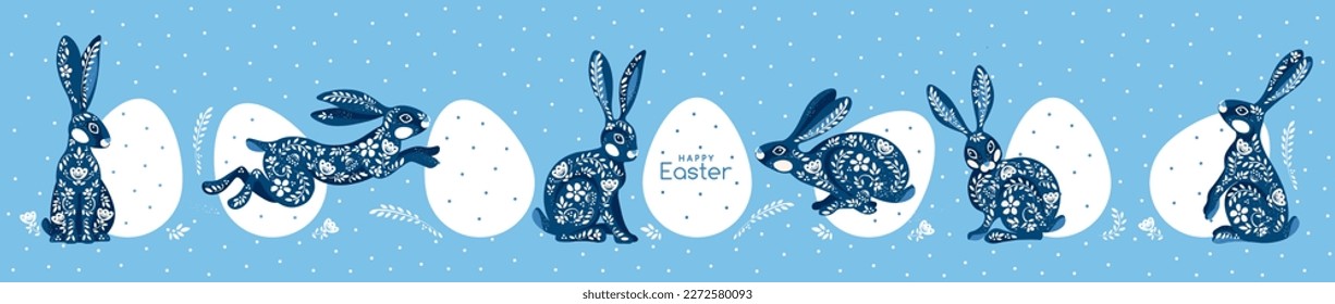 Happy Easter banner, poster, greeting card. Trendy Easter design with typography, bunnies, flowers, eggs, floral ornament in white and blue colors. Modern minimal style. vector