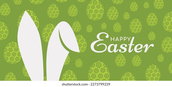 Feliz Pascua. Cartel, afiche, tarjeta de saludo con tipografía, orejas de conejito y huevos. Ilustración vectorial.