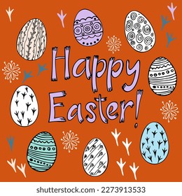  Cartel feliz de Pascua, afiche, tarjeta de saludo. Diseño de moda de Pascua con tipografía, flores, huevos Estilo minimalista moderno