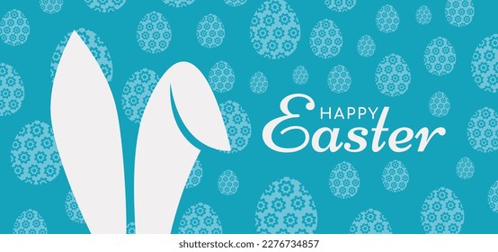 Happy Easter. Banner, poster, greeting card with typography, bunny ears, and eggs. Vector illustration.
