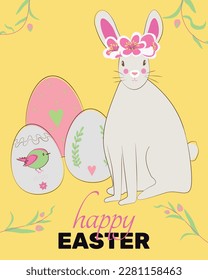 Happy Easter banner, poster, greeting card. Trendy Easter design with typography, cute bunny and festive eggs in pastel colors on yellow background. Vector illustration.