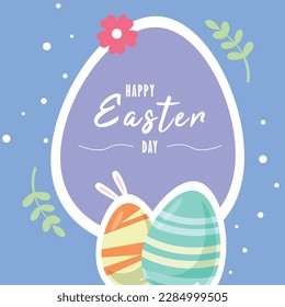 Happy Easter banner, poster, greeting card. Trendy Easter design with typography, bunnies, flowers, eggs, bunny ears, in pastel colors. Modern minimal style