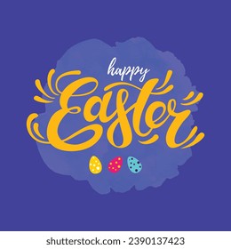 Happy Easter banner, poster, greeting card. Trendy Easter design with typography, bunnies, flowers, eggs, bunny ears, in pastel colors. Modern minimal style