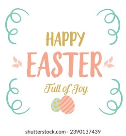 Frohe Osterbanner, Poster, Grußkarte. Trendy-Osterdesign mit Typografie, Bollen, Blumen, Eiern, sonnigen Ohren, in Pastellfarben. Moderner Minimalstil