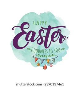 Happy Easter banner, poster, greeting card. Trendy Easter design with typography, bunnies, flowers, eggs, bunny ears, in pastel colors. Modern minimal style