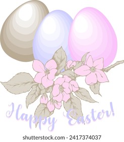 Happy Easter banner, poster, greeting card. Trendy Easter design with typography, flowers, eggs, in pastel colors.  