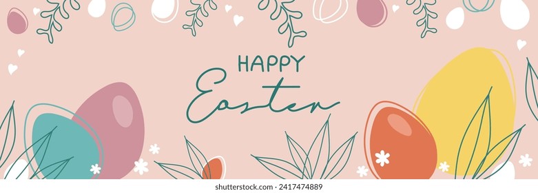 Happy Easter banner, poster, greeting card. Trendy Easter design with typography, flowers, eggs, in pastel colors. Modern minimal style suitable for invitations, greeting cards and advertising.