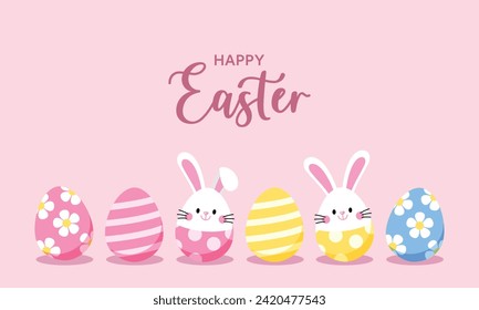 Happy easter banner, poster, greeting card. Bunny, rabbit, eggs in modern minimal style. Cute cartoon design for holiday, spring, seasonal decoration.Vector illustration EPS.