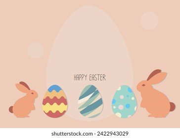 Frohe Osterbanner, Poster, Grußkarte. Trendy Osterdesign mit Typografie, Bundnies, Eiern. Moderner Minimalstil