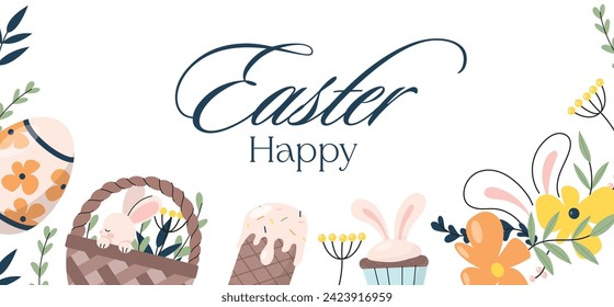 Happy Easter banner, poster, greeting card. Trendy Easter design with typography, bunnies, flowers, eggs, holiday, Easter baskets, bunny ears in pastel color. Modern vector minimal style illustration