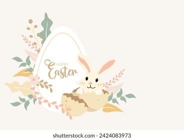 Happy Easter banner, poster, greeting card. Easter design in pastel colours with bunny, eggs and plants, flowers.
