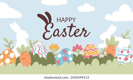 happy Easter banner, poster, greeting card. Trendy Easter design with typography, bunnies, flowers, eggs, in pastel colors. Watercolor style