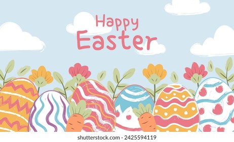 banner de Pascua feliz, póster, tarjeta de felicitación. Diseño de Pascua de moda con tipografía, conejitos, flores, huevos, en colores pastel. Estilo de acuarela
