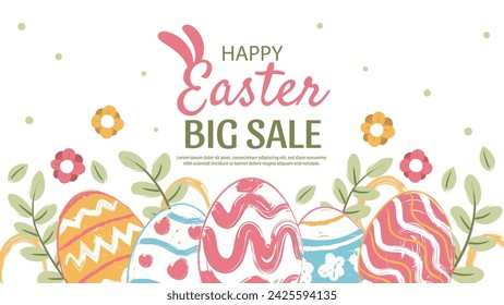 banner de Pascua feliz, póster, tarjeta de felicitación. Diseño de Pascua de moda con tipografía, conejitos, flores, huevos, en colores pastel. Estilo de acuarela